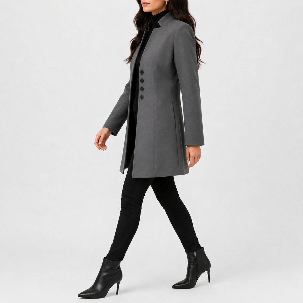 Women’s Trench Coat – Mid-Length Stand Collar Wool-Style Tailored Coat