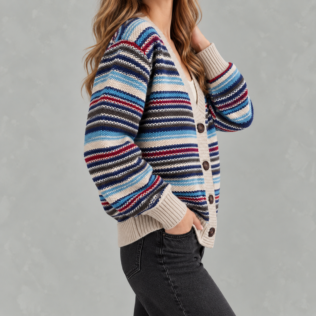 Women’s Striped Cardigan – Loose Fit V Neck Colour Block Knit Pullover