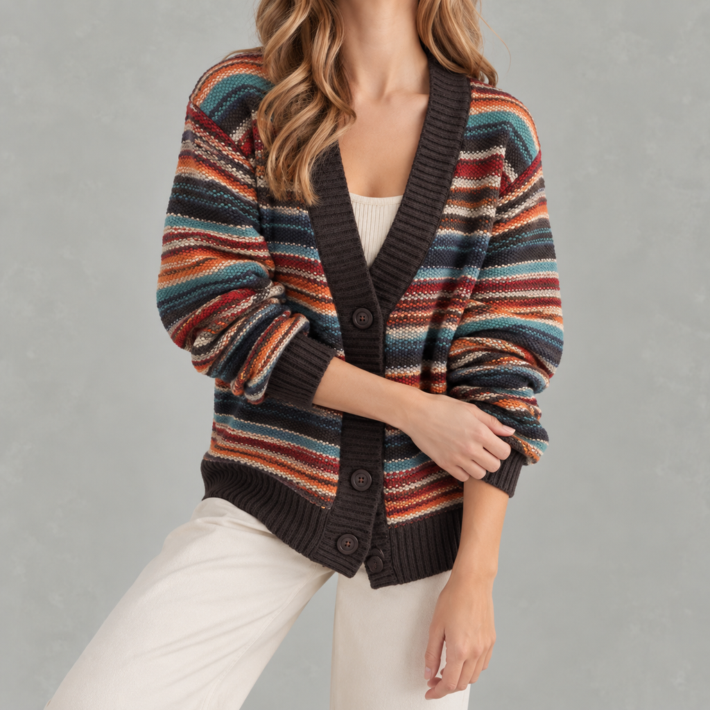 Women’s Striped Cardigan – Loose Fit V Neck Colour Block Knit Pullover