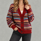 Women’s Striped Cardigan – Loose Fit V Neck Colour Block Knit Pullover