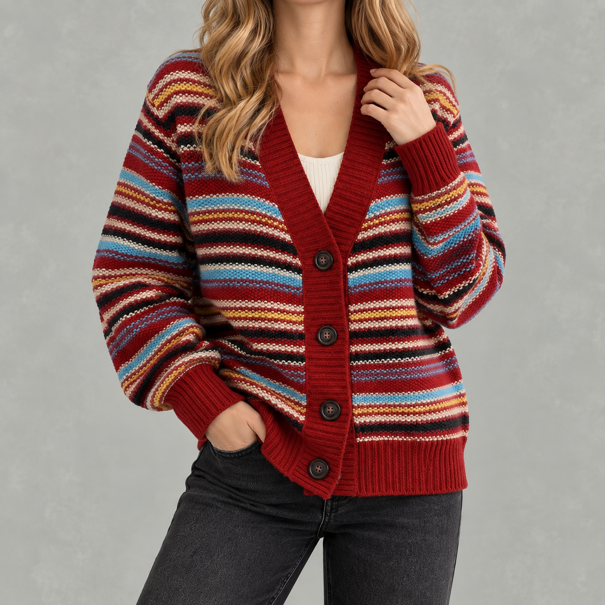 Women’s Striped Cardigan – Loose Fit V Neck Colour Block Knit Pullover