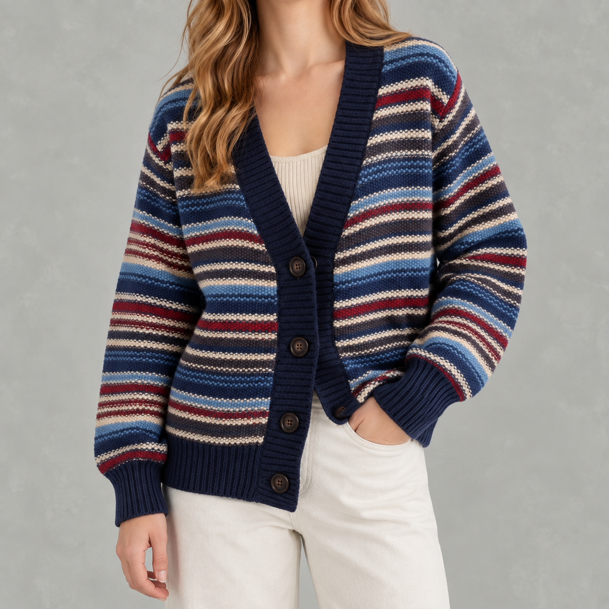 Women’s Striped Cardigan – Loose Fit V Neck Colour Block Knit Pullover