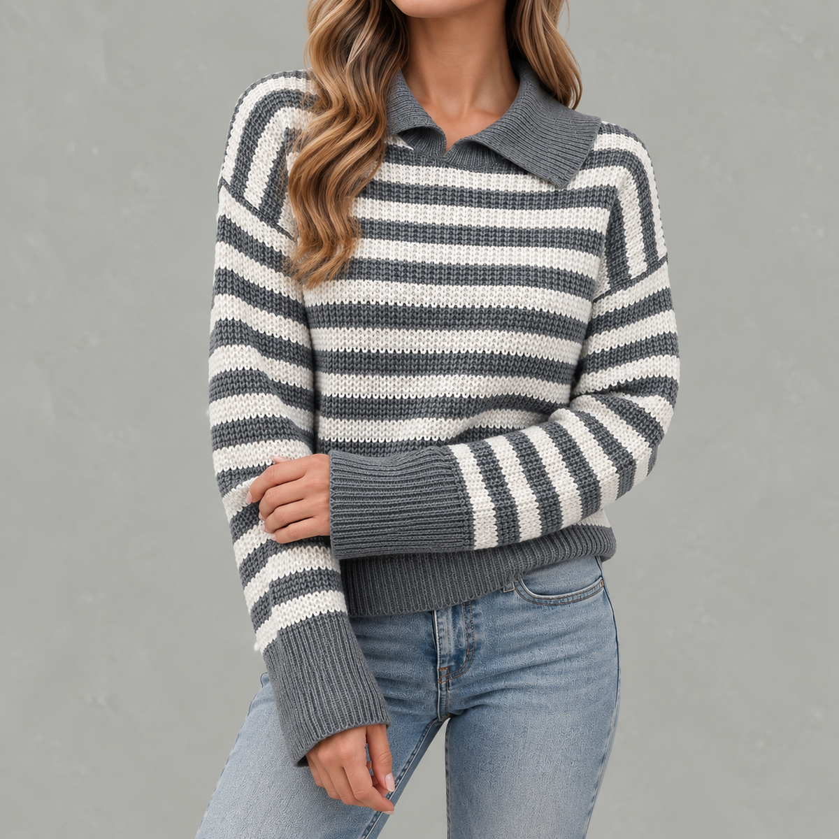 Women’s Striped Jumper – Loose Fit Knitted Polo Collar Long Sleeve Sweater