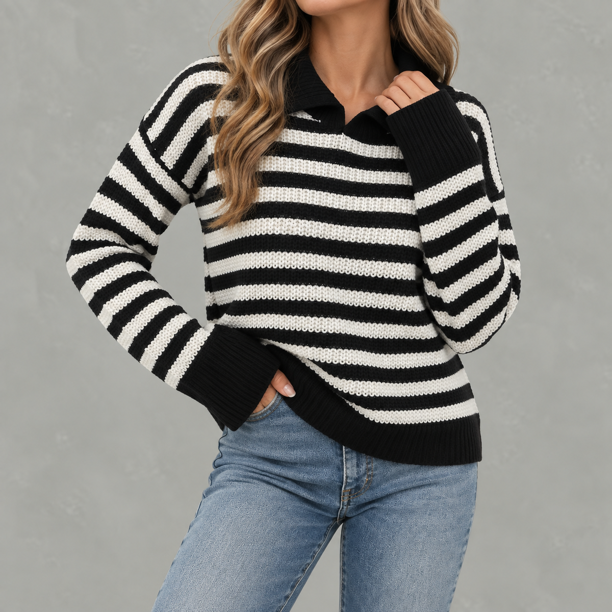 Women’s Striped Jumper – Loose Fit Knitted Polo Collar Long Sleeve Sweater