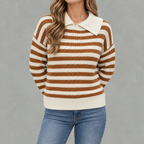 Women’s Striped Jumper – Loose Fit Knitted Polo Collar Long Sleeve Sweater
