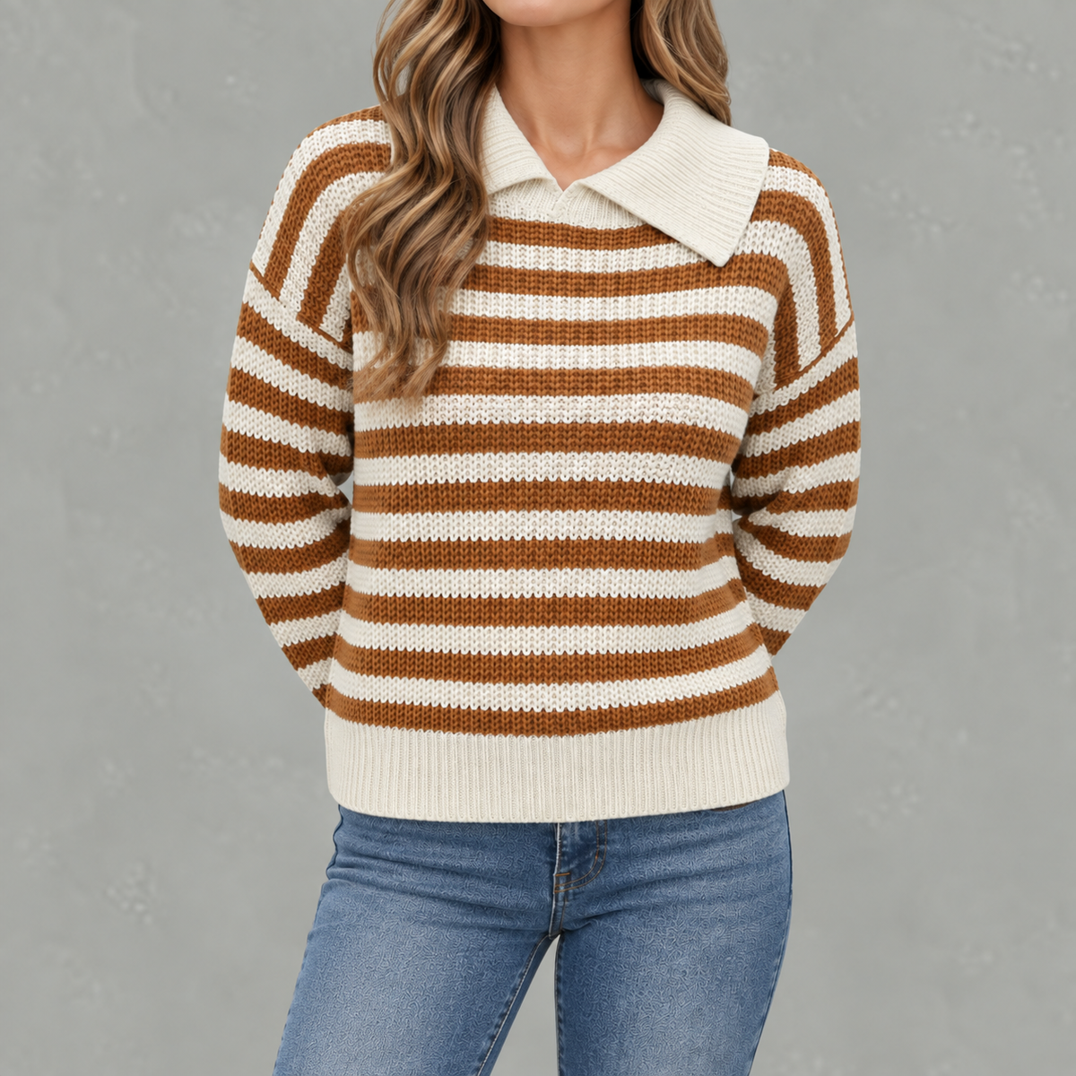 Women’s Striped Jumper – Loose Fit Knitted Polo Collar Long Sleeve Sweater