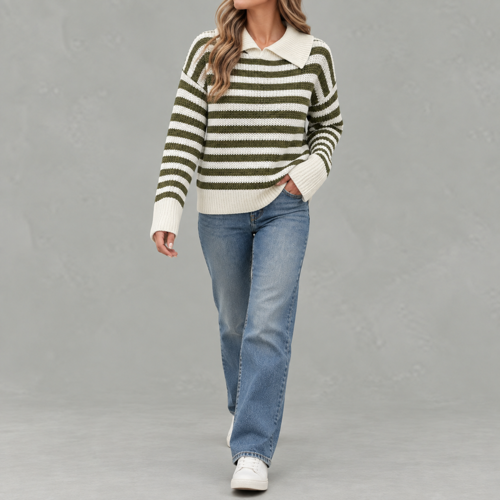 Women’s Striped Jumper – Loose Fit Knitted Polo Collar Long Sleeve Sweater