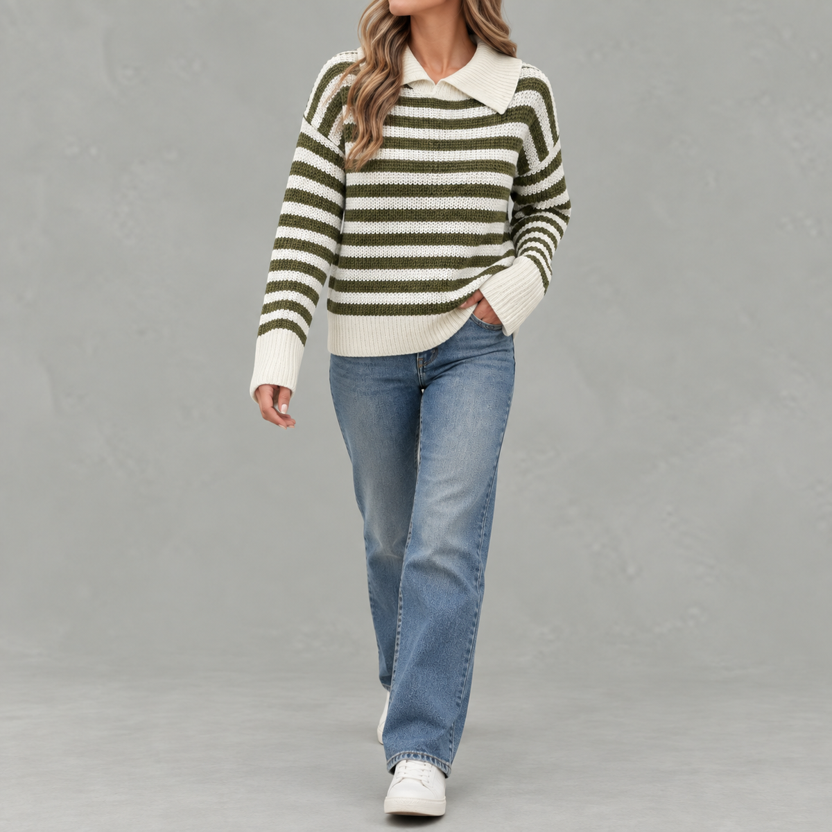 Women’s Striped Jumper – Loose Fit Knitted Polo Collar Long Sleeve Sweater