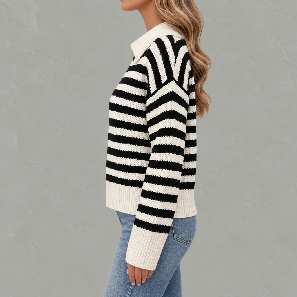 Women’s Striped Jumper – Loose Fit Knitted Polo Collar Long Sleeve Sweater