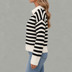 Women’s Striped Jumper – Loose Fit Knitted Polo Collar Long Sleeve Sweater