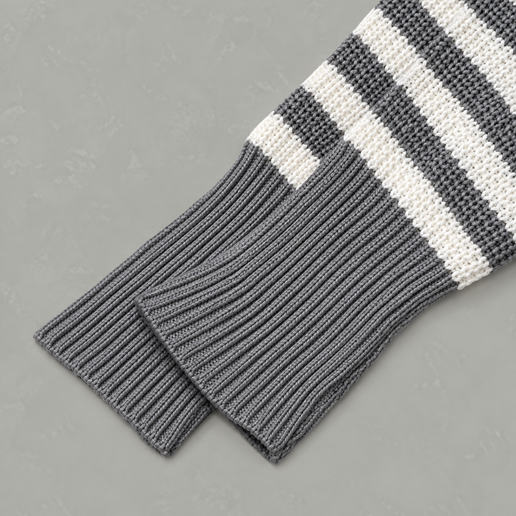 Women’s Striped Jumper – Loose Fit Knitted Polo Collar Long Sleeve Sweater