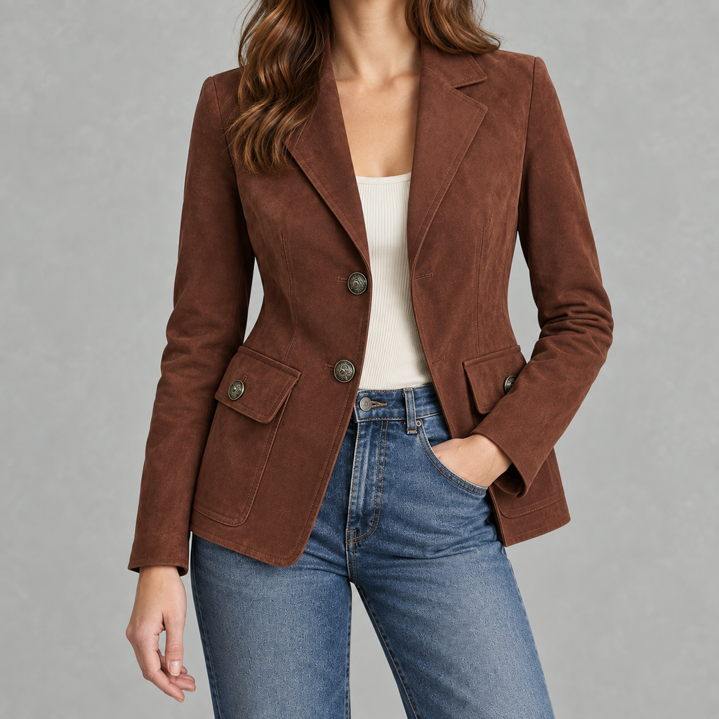 Women’s Suede Blazer – Lapel Collar Tailored Jacket with Soft Suede-Style Finish