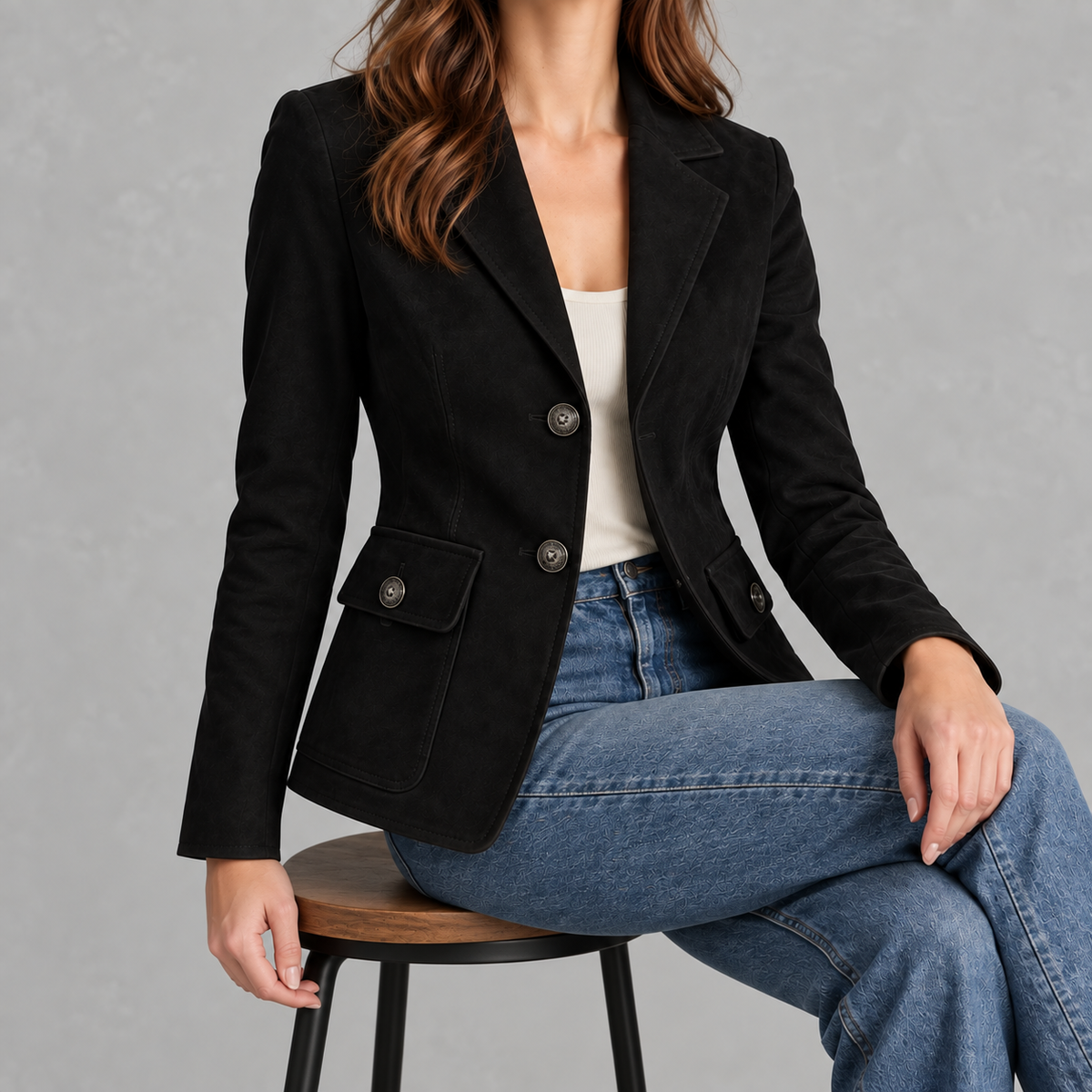 Women’s Suede Blazer – Lapel Collar Tailored Jacket with Soft Suede-Style Finish