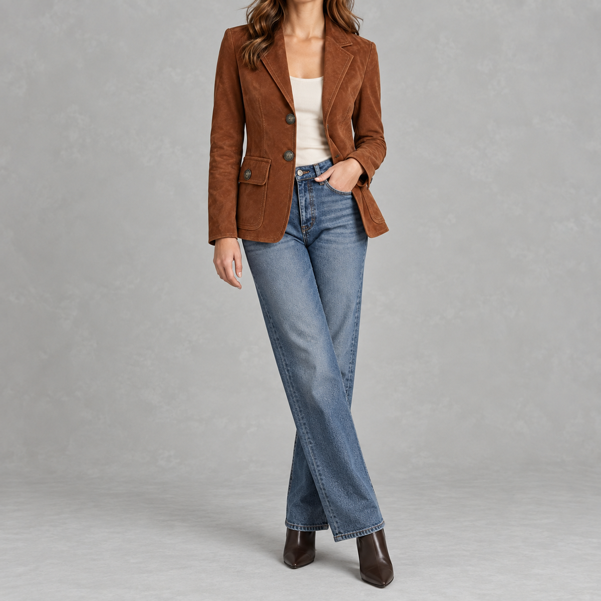 Women’s Suede Blazer – Lapel Collar Tailored Jacket with Soft Suede-Style Finish