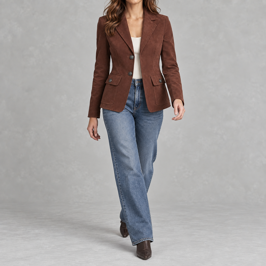 Women’s Suede Blazer – Lapel Collar Tailored Jacket with Soft Suede-Style Finish