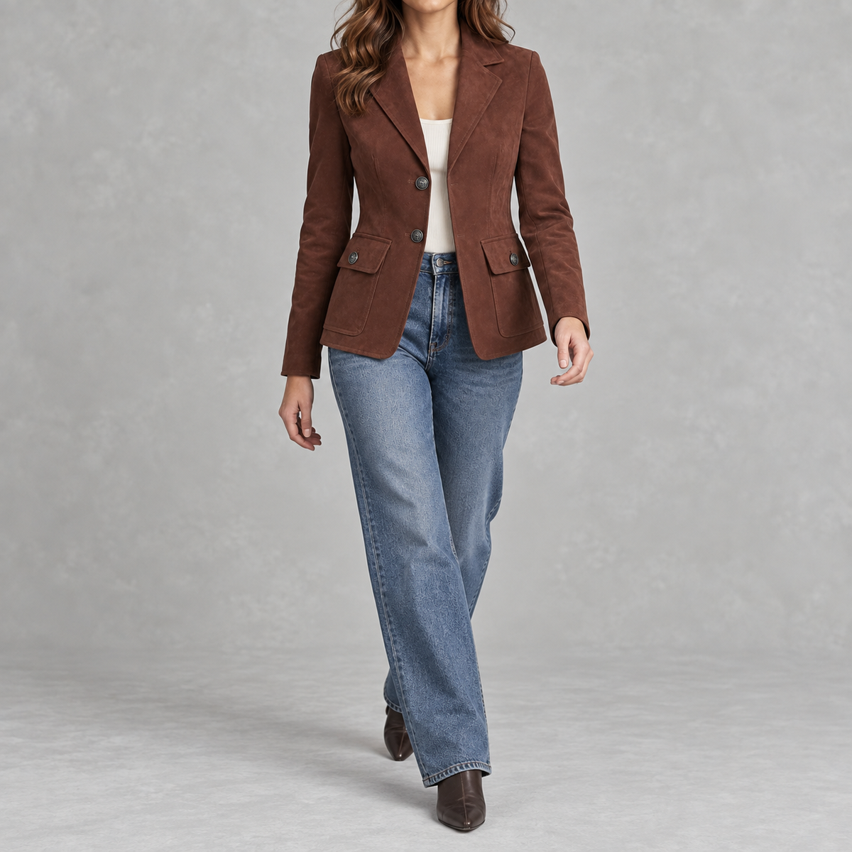 Women’s Suede Blazer – Lapel Collar Tailored Jacket with Soft Suede-Style Finish