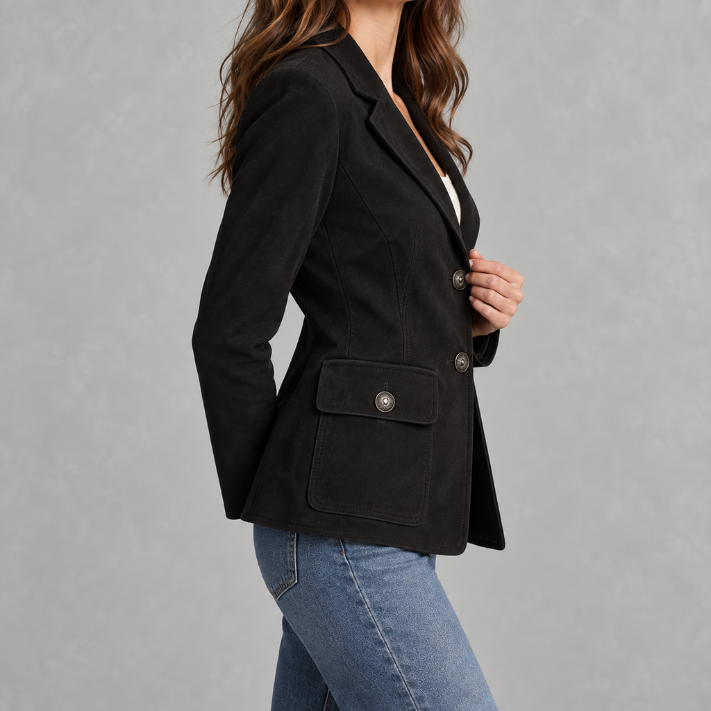 Women’s Suede Blazer – Lapel Collar Tailored Jacket with Soft Suede-Style Finish
