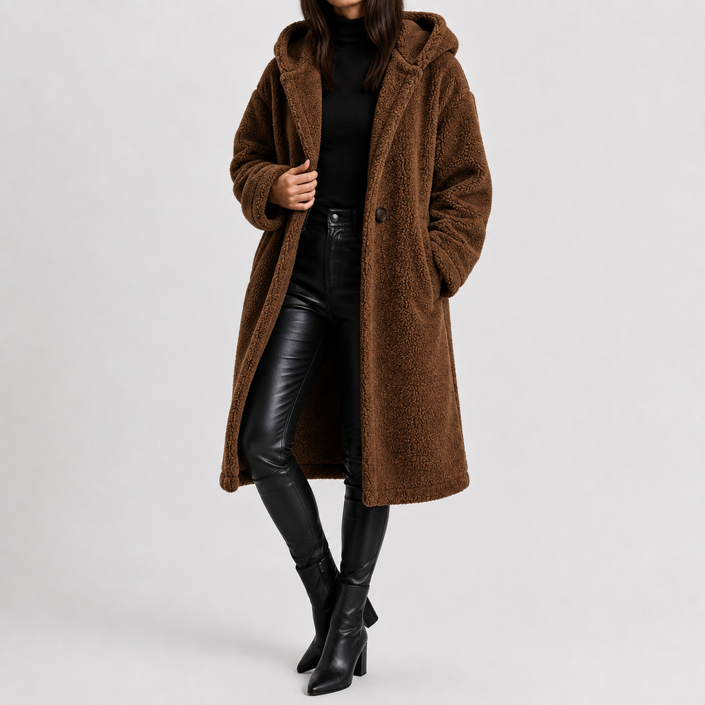 Women’s Teddy Coat – Longline Faux Fur Plush Winter Coat