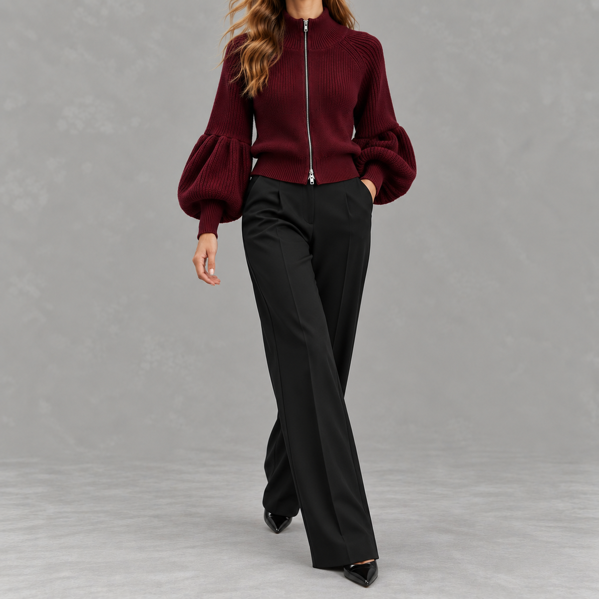Women’s Textured Jumper – Fluffy Lantern Sleeve Long Sleeve Pullover