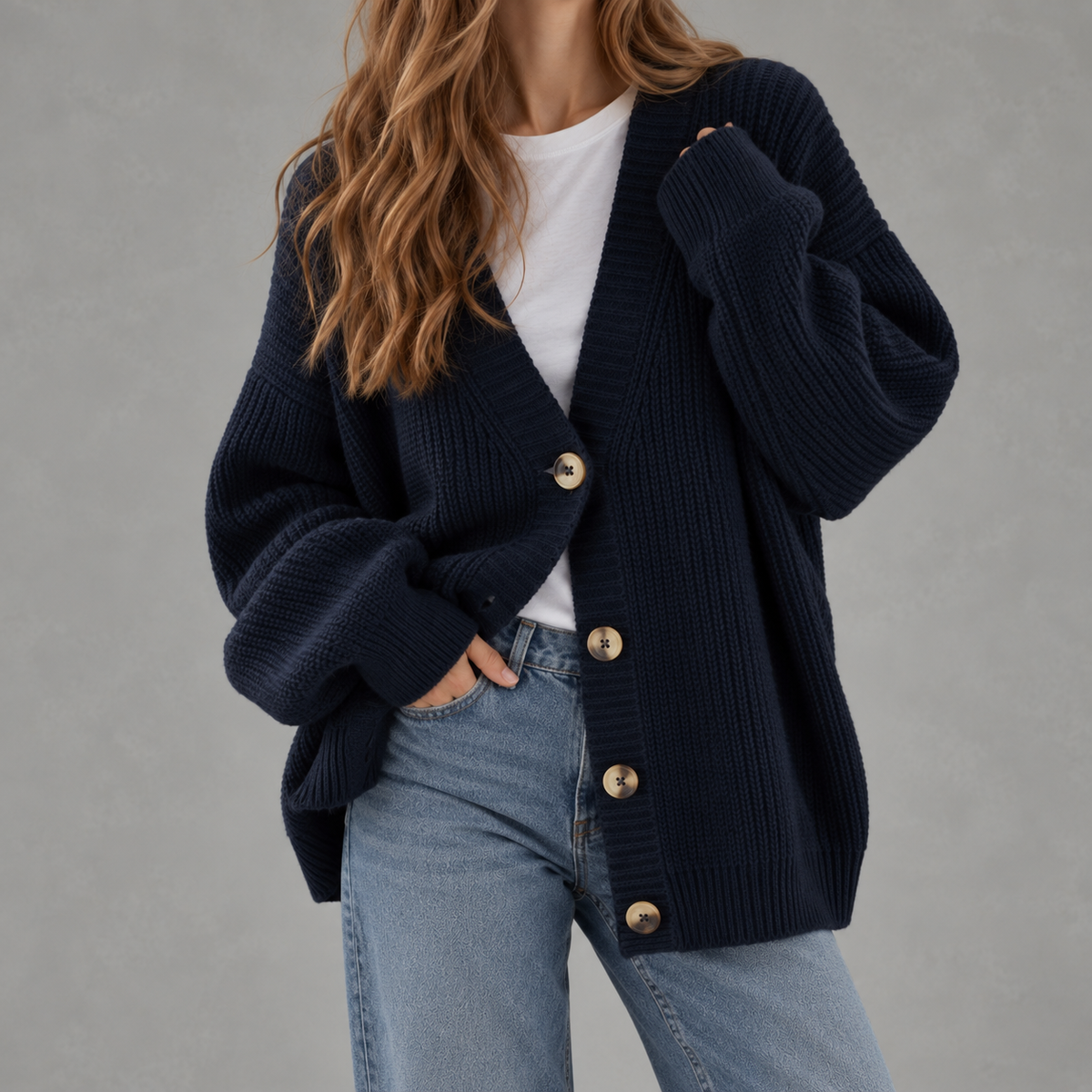 Women’s V Neck Cardigan – Solid Colour Vertical Stripe Knitted Jumper