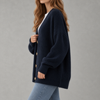 Women’s V Neck Cardigan – Solid Colour Vertical Stripe Knitted Jumper