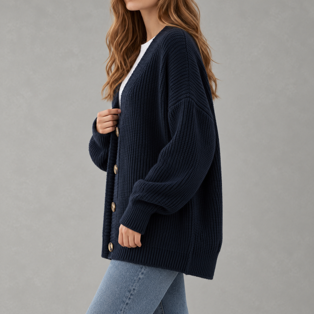 Women’s V Neck Cardigan – Solid Colour Vertical Stripe Knitted Jumper