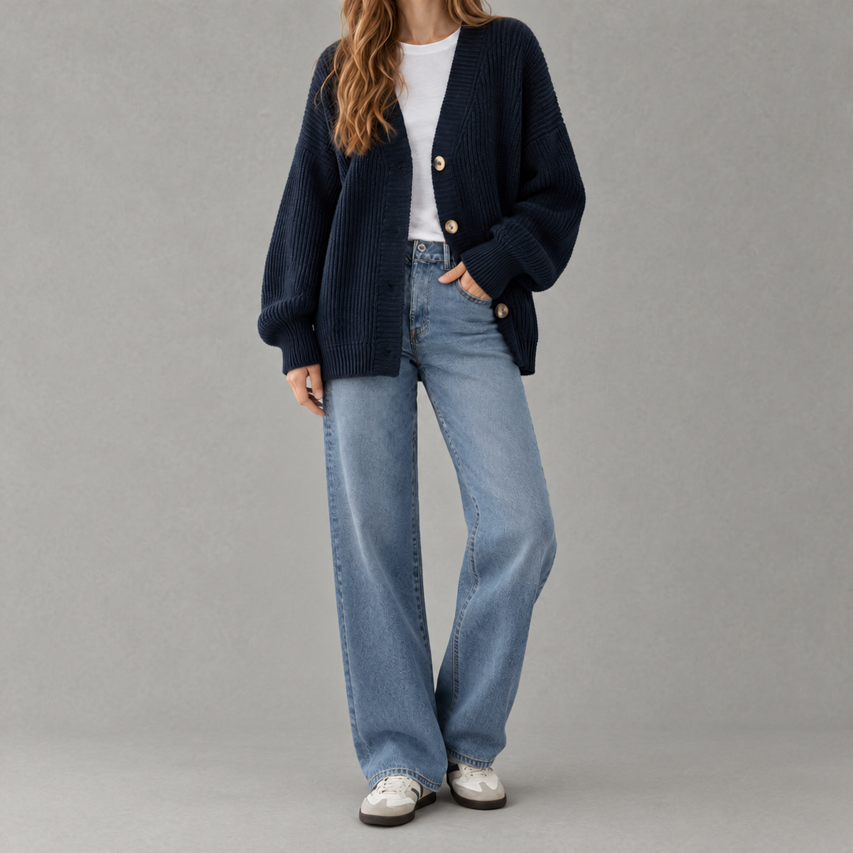 Women’s V Neck Cardigan – Solid Colour Vertical Stripe Knitted Jumper