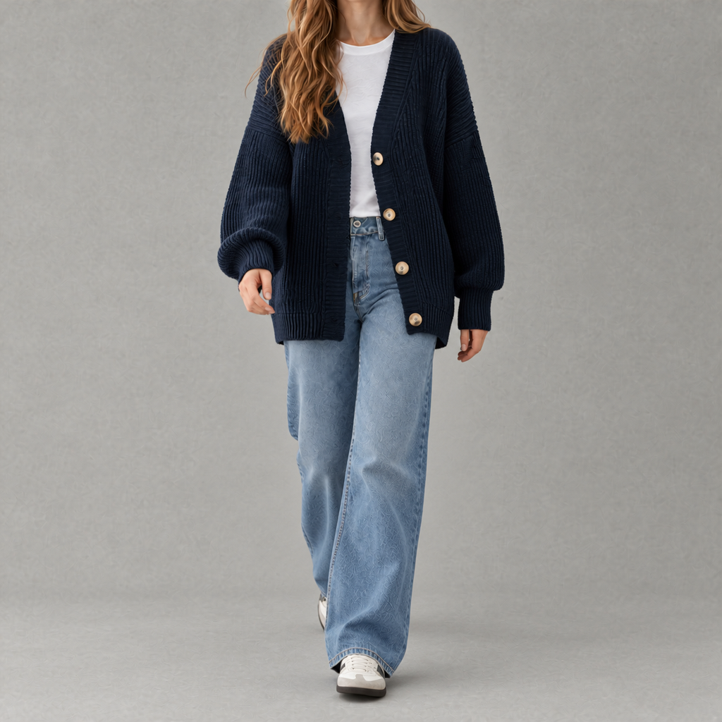 Women’s V Neck Cardigan – Solid Colour Vertical Stripe Knitted Jumper
