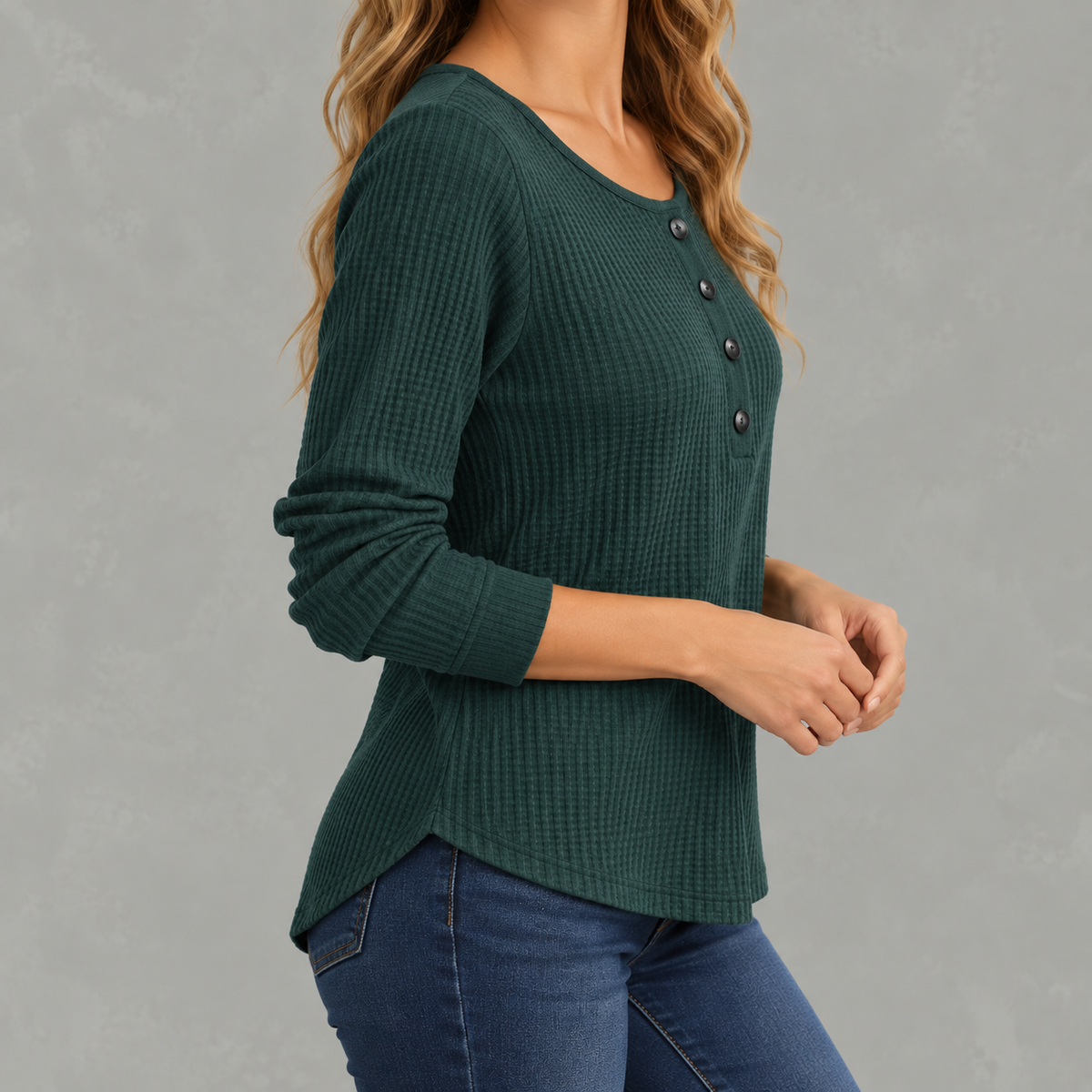 Women’s Waffle Knit Top – Relaxed Fit Crew Neck Long Sleeve Pullover
