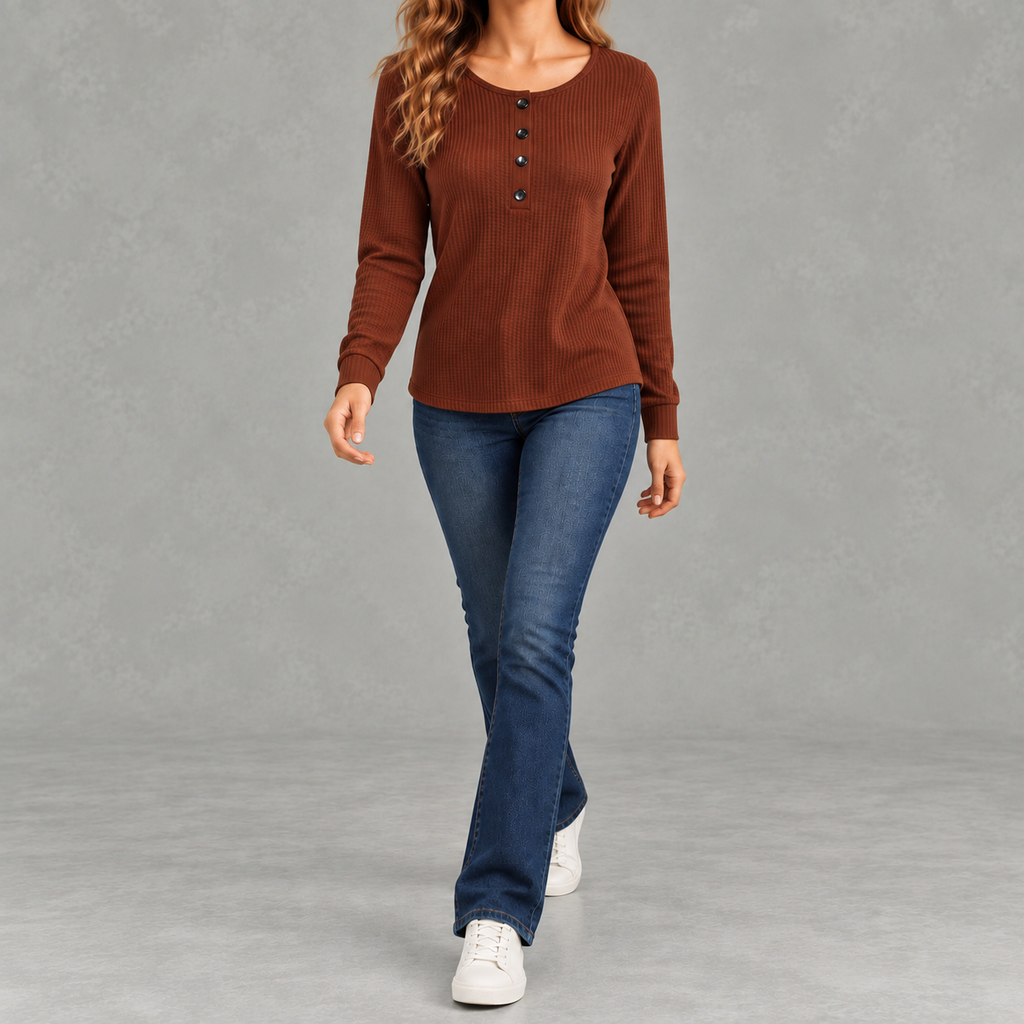 Women’s Waffle Knit Top – Relaxed Fit Crew Neck Long Sleeve Pullover