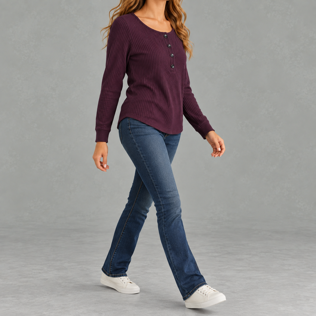 Women’s Waffle Knit Top – Relaxed Fit Crew Neck Long Sleeve Pullover