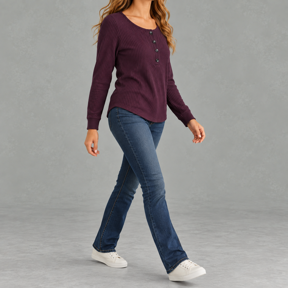 Women’s Waffle Knit Top – Relaxed Fit Crew Neck Long Sleeve Pullover