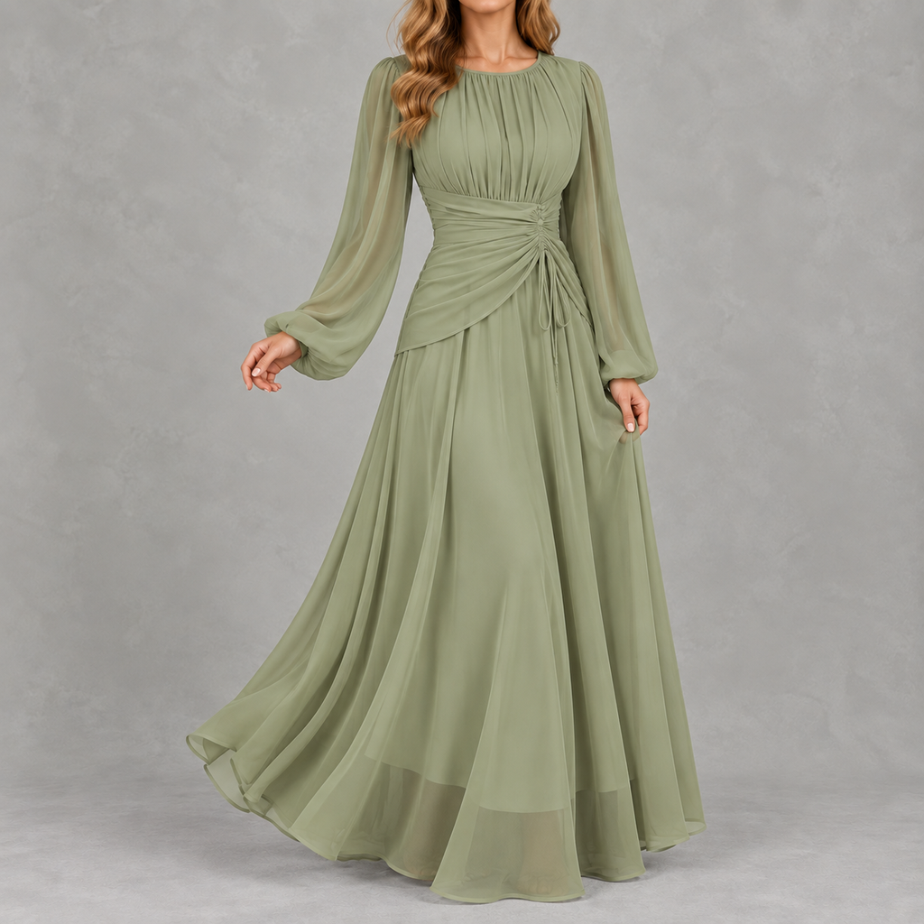 Women’s Waist-Cinching Dress – Long Sleeve Fitted Midi Dress