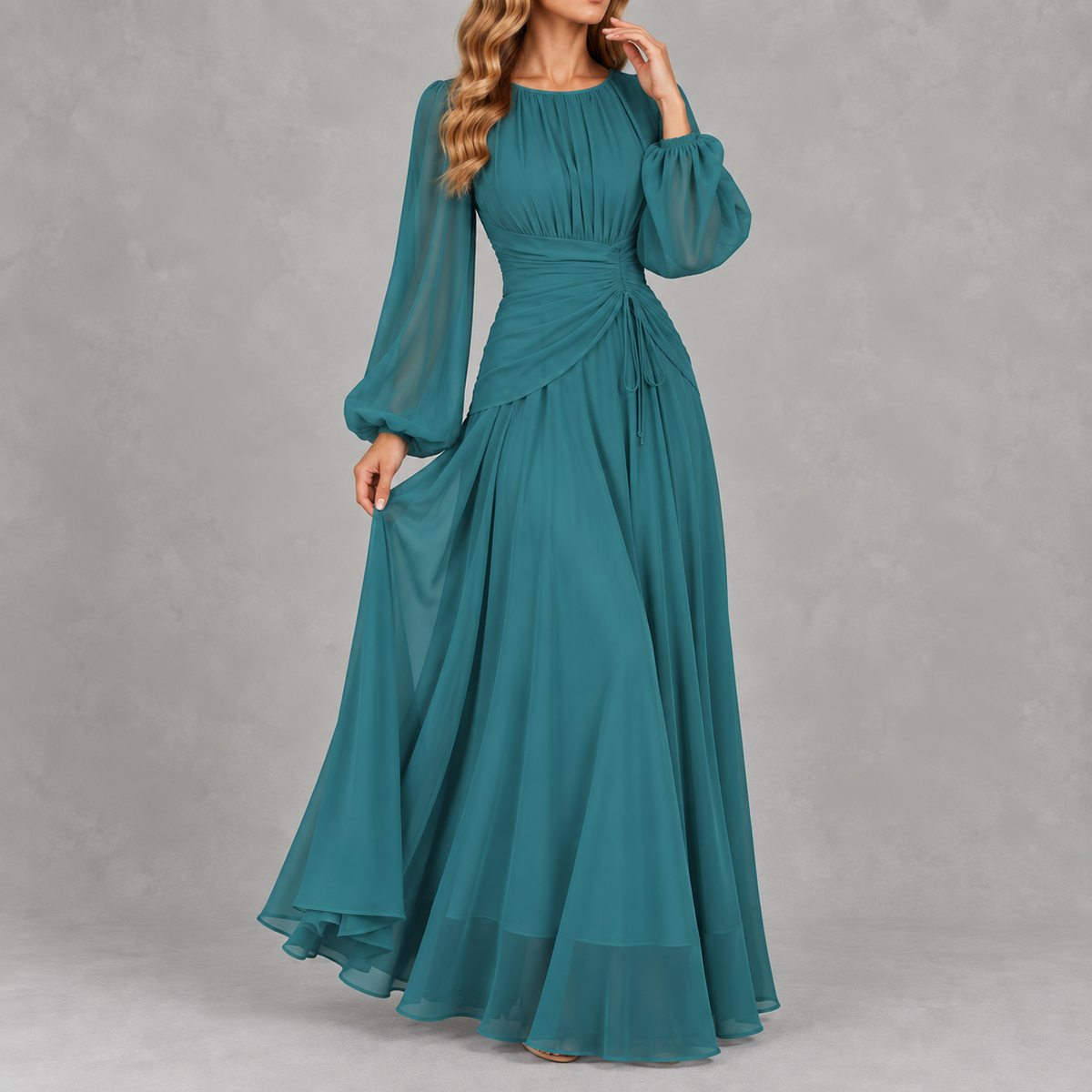Women’s Waist-Cinching Dress – Long Sleeve Fitted Midi Dress