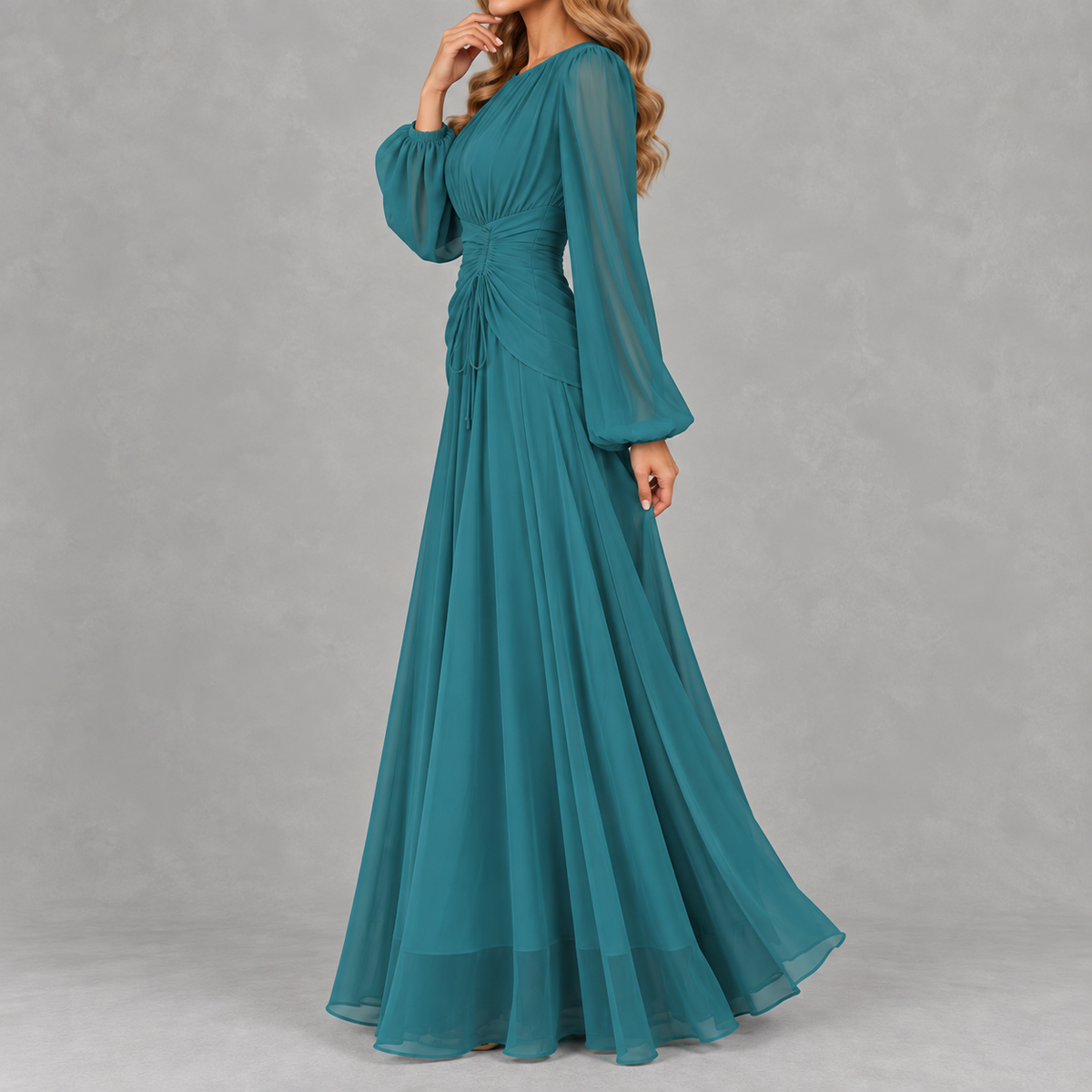 Women’s Waist-Cinching Dress – Long Sleeve Fitted Midi Dress