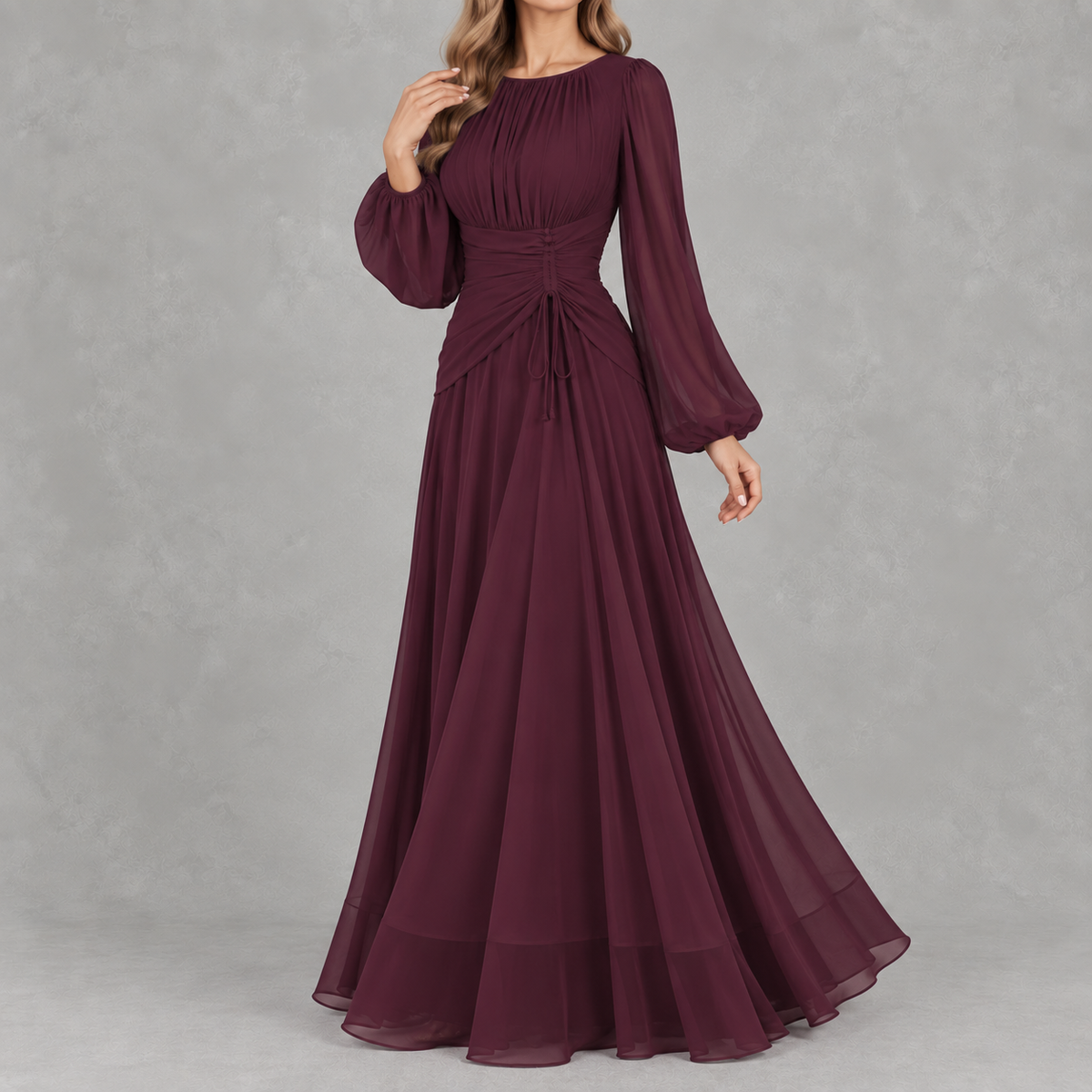 Women’s Waist-Cinching Dress – Long Sleeve Fitted Midi Dress