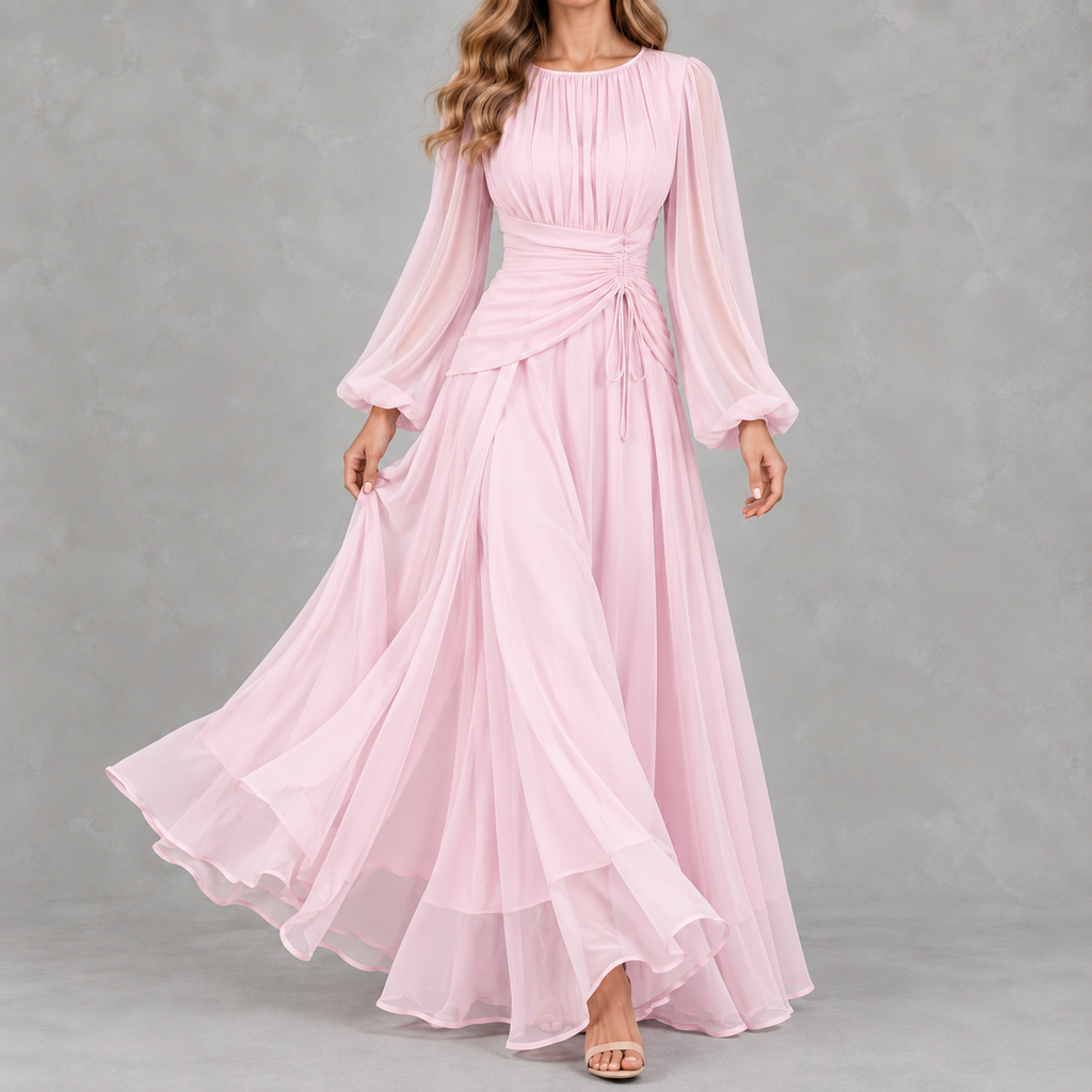 Women’s Waist-Cinching Dress – Long Sleeve Fitted Midi Dress
