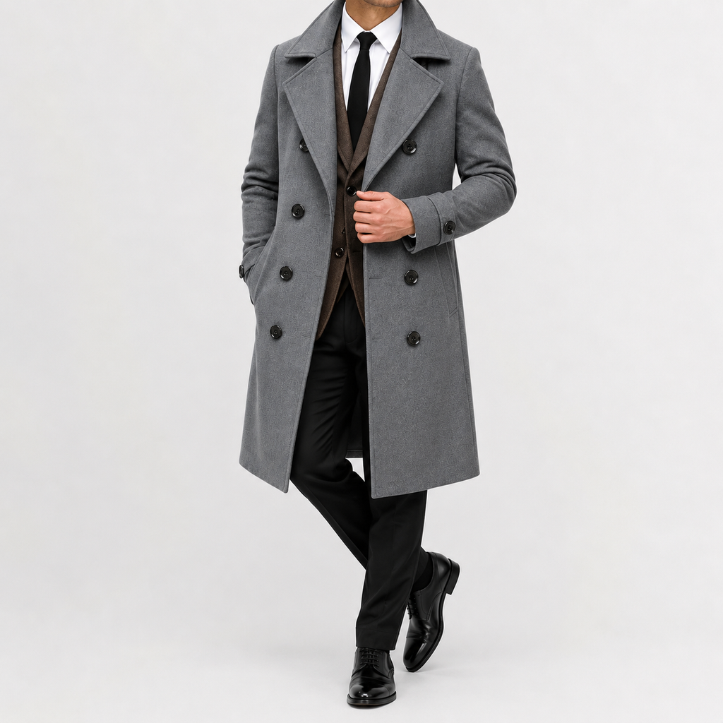 Men’s Trench Coat – Double Breasted Long Wool-Style Winter Overcoat