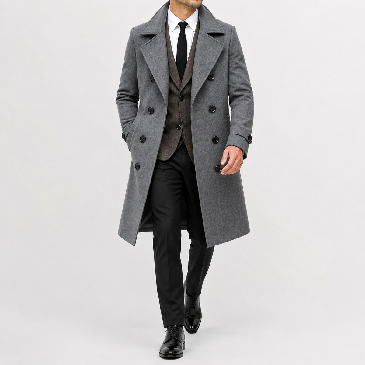 Men’s Trench Coat – Double Breasted Long Wool-Style Winter Overcoat