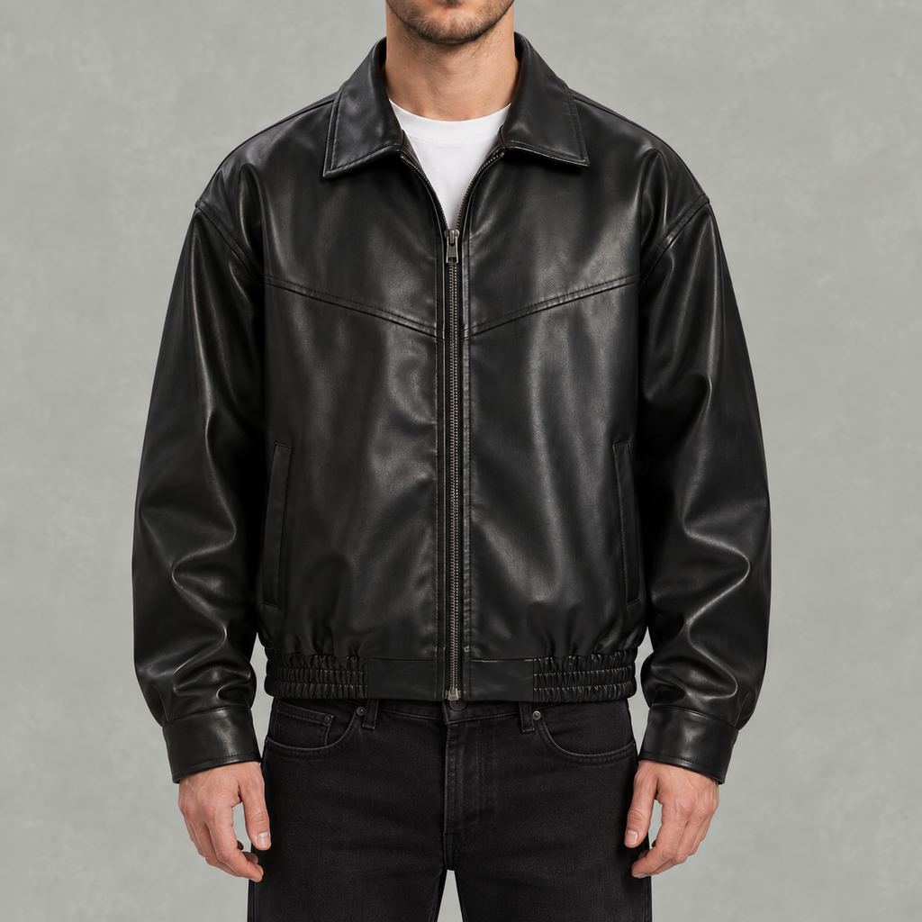Men’s Leather Jacket – Black Full Zip Collared Bomber Jacket with Ribbed Hem