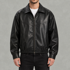 Men’s Leather Jacket – Black Full Zip Collared Bomber Jacket with Ribbed Hem