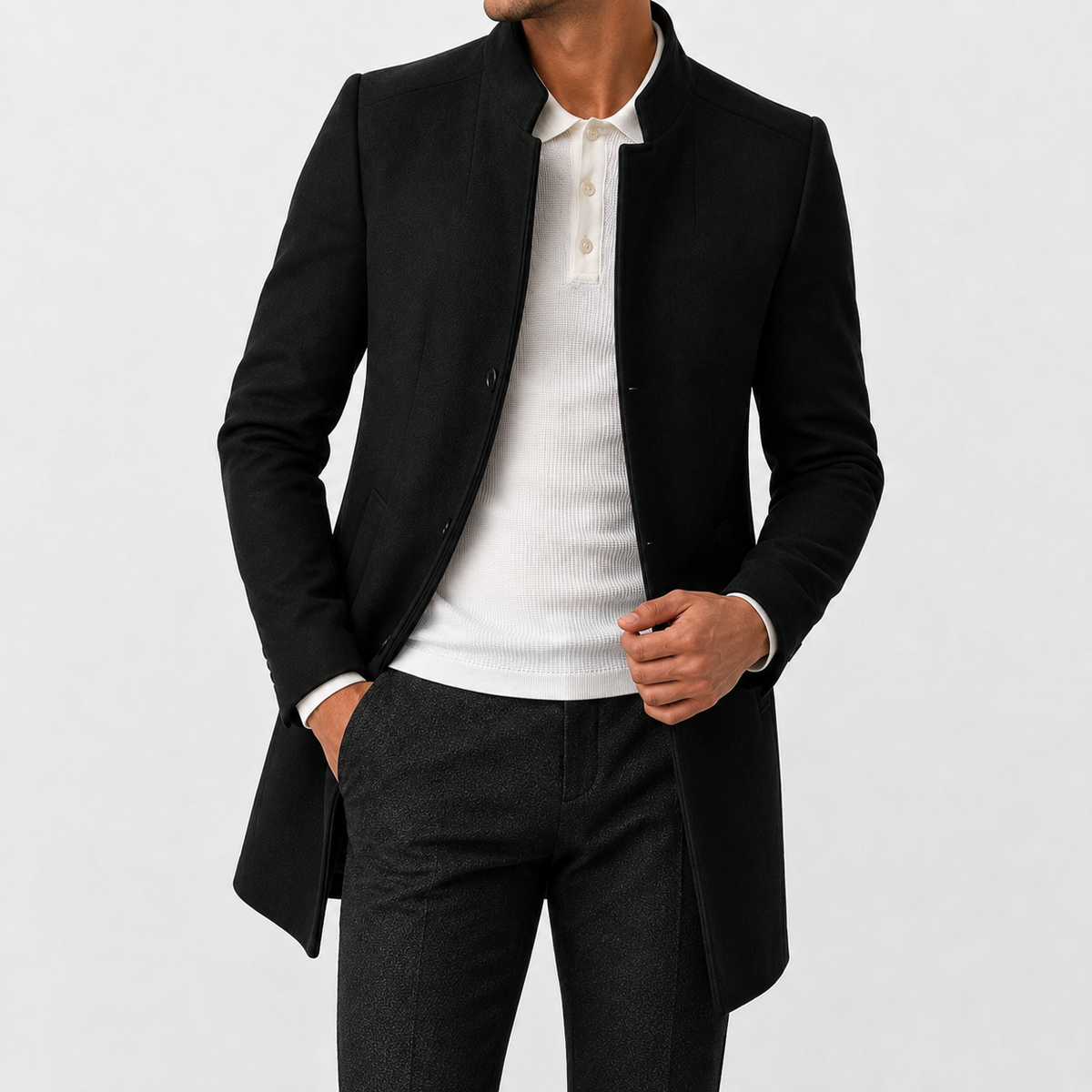 Men’s Overcoat – Slim Fit Solid Colour Long Coat for Smart Casual Wear