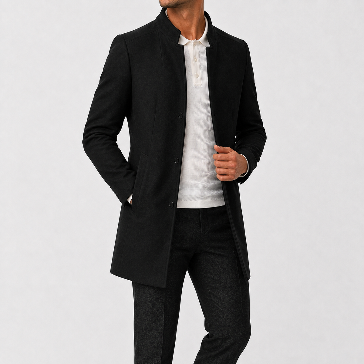 Men’s Overcoat – Slim Fit Solid Colour Long Coat for Smart Casual Wear
