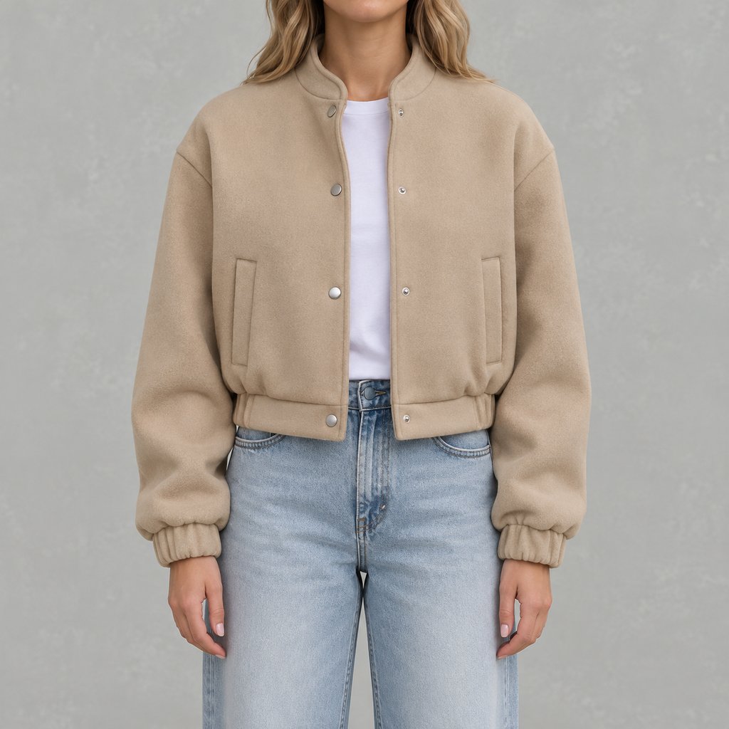 Women’s Bomber Jacket – Cropped Woollen-Style Flight Jacket with Stand Collar