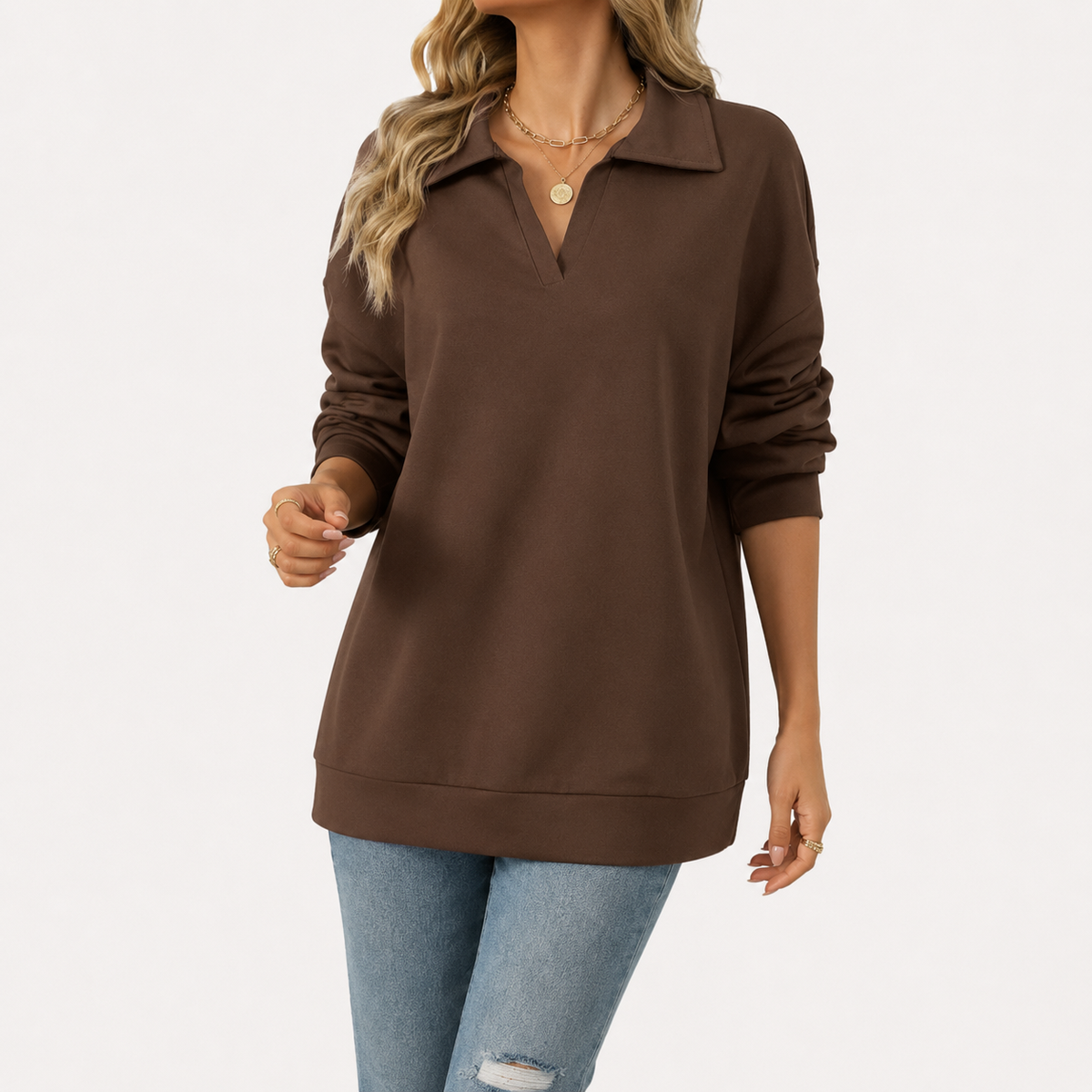 Women’s V Neck Jumper – Loose Fit Long Sleeve Pullover Top