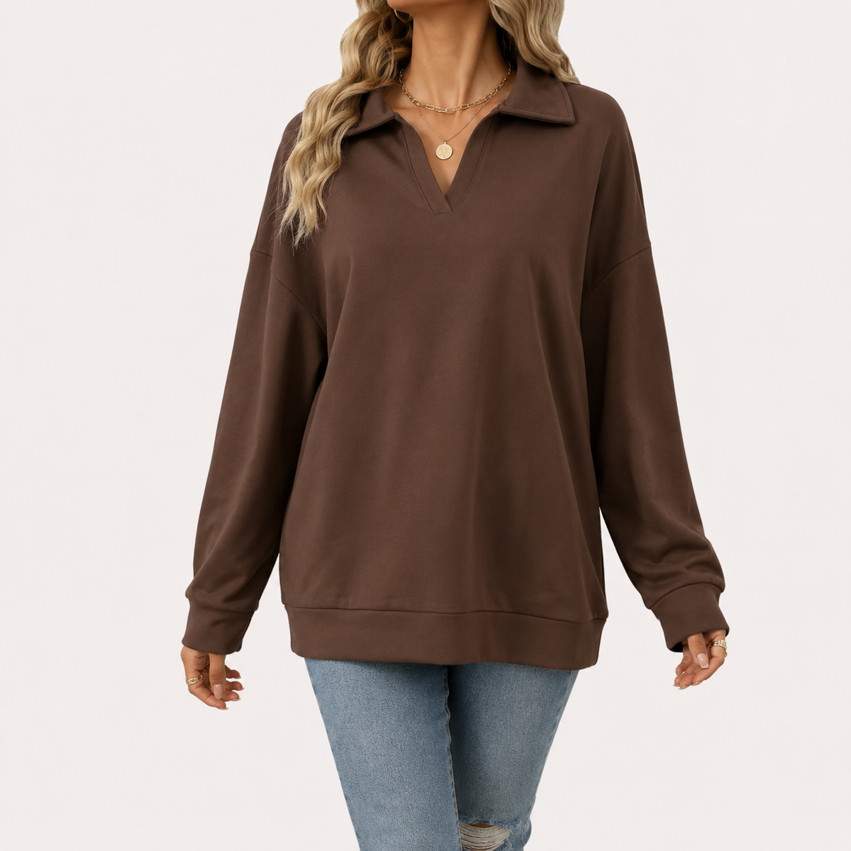 Women’s V Neck Jumper – Loose Fit Long Sleeve Pullover Top