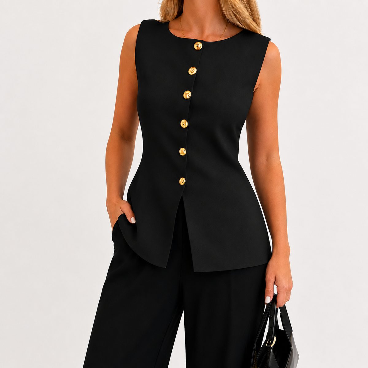 Women’s Knit Vest Top – Metal Buckle Detail Sleeveless Split Hem Jumper