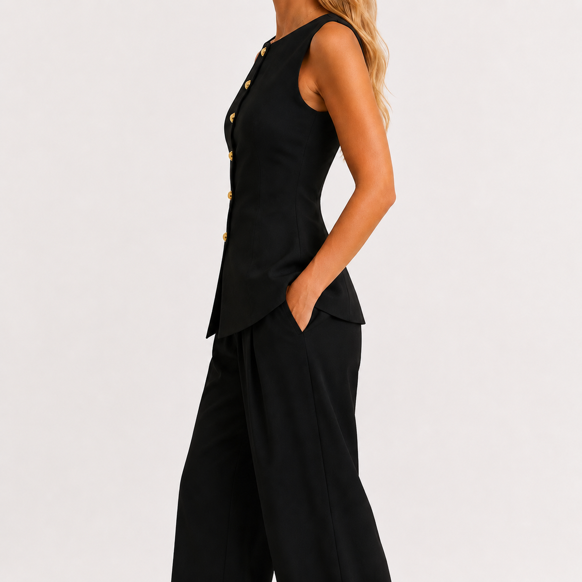 Women’s Knit Vest Top – Metal Buckle Detail Sleeveless Split Hem Jumper