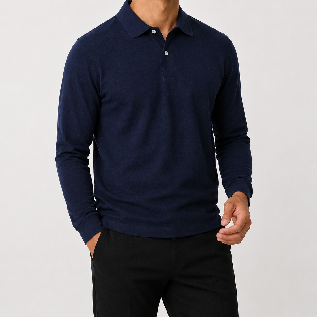 Men’s Polo Shirt – Classic Long Sleeve Lapel Collar Smart Casual Top