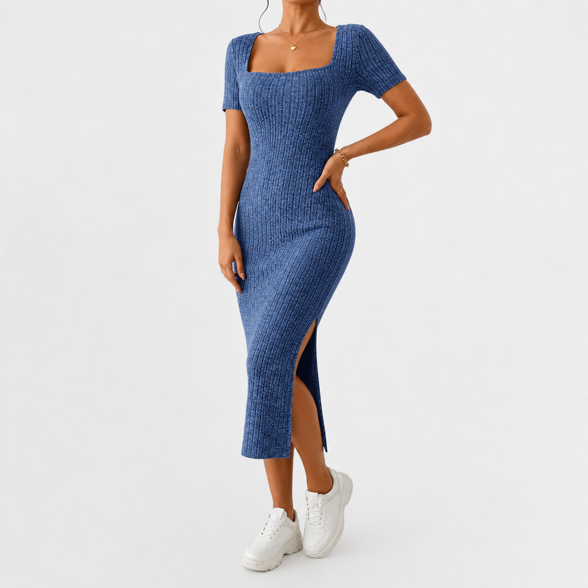 Women’s Knit Dress – Fitted Short Sleeve Autumn Midi Dress